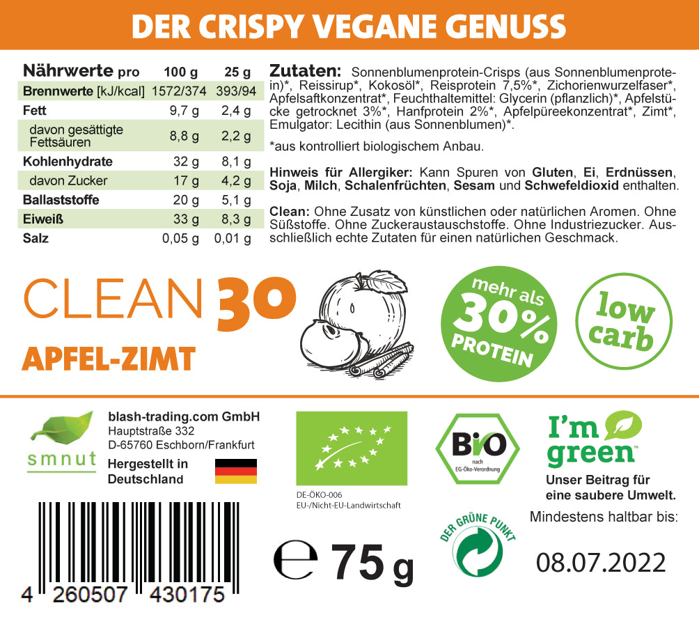 CLEAN30 Crispy Proteinriegel − Apfel-Zimt Riegel-Retter 10er für 8