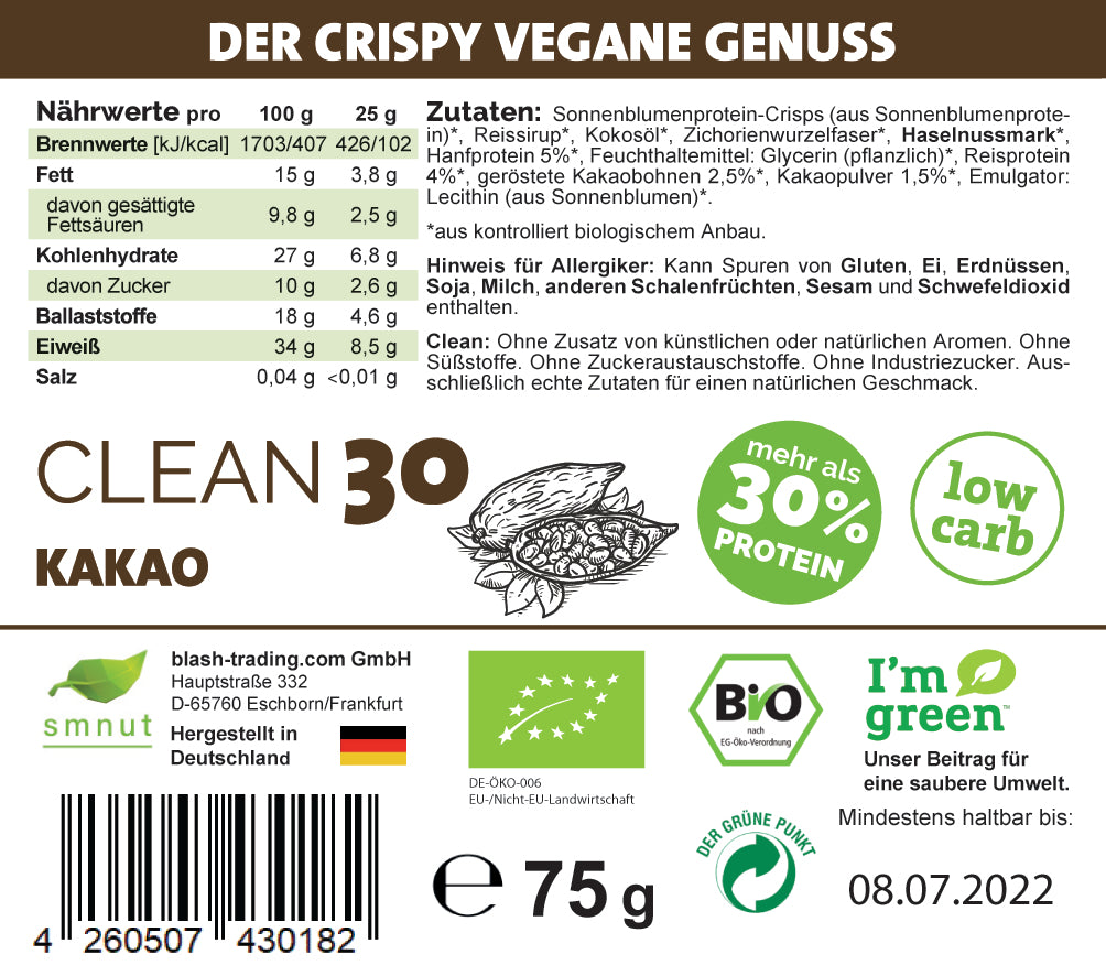CLEAN30 Crispy Proteinriegel − Kakao Riegel-Retter 10er für 8
