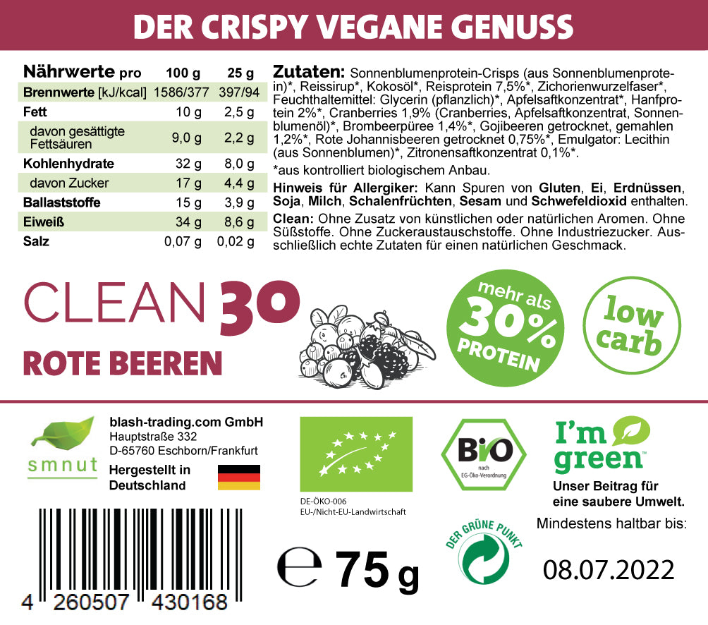 CLEAN30 Crispy Proteinriegel − Rote Beeren (3er oder 10er Pack)